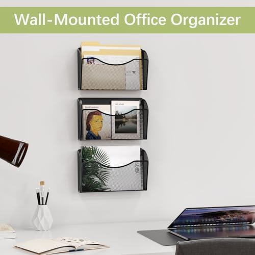 EasyPAG Wall File Organizer 3 Pack, Hanging File Organizer Wall Mount, Metal Mesh Folder Holder for Letter/A4 Papers, Mail Sorter for Office, Classroom, Home, Black