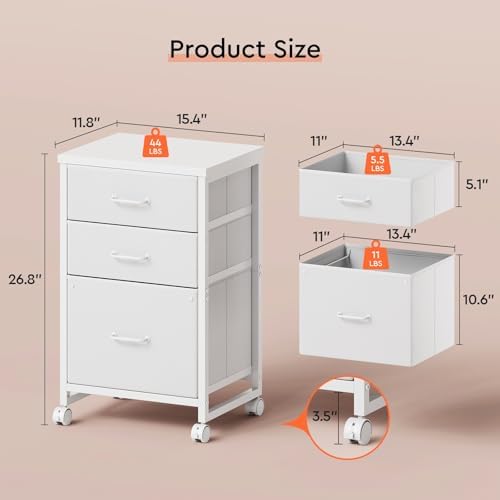 Maihail 3 Drawer File Cabinet on Wheels Fits A4 Size for Home Office