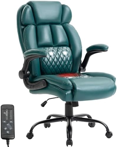 Massage Office Chair,500LBS Ergonomic Rocking Executive Desk Chairs with 4 Points Vibration&Heat,Padded Flipup Armrests for Big and Tall Office Chair,Swivel Computer Chair DarkGreen