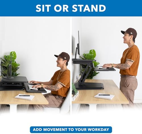 Mount-It! Compact Standing Desk Riser, Height Adjustable Desktop Sit Stand Workstation with Gas Spring, Tabletop Stand Up Desk with Keyboard Tray, Black
