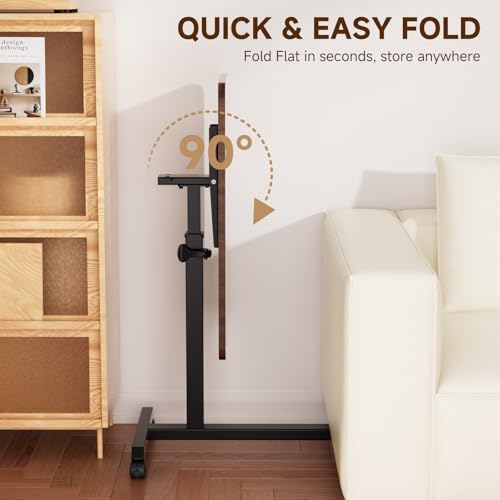 GTPLAYER Small Standing Desk, 24 Inches Foldable Mobile Rolling Laptop PC Table with Lockable Casters, Adjustable Height Overbed Bedside Table Computer Workstation for Home Office, Dark Brown-Foldable