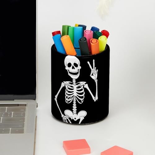 Funny Skeleton Pen Holder Pencil Organizer Cute Pencil Cup Desk Decor Makeup Brush Holder PU Multifunctional Office Supplies for Home Classroom School