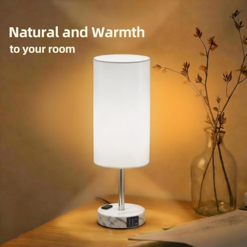 Table Lamp, Dimmable Touch, AC Outlet, USB A+C (White&Marble)