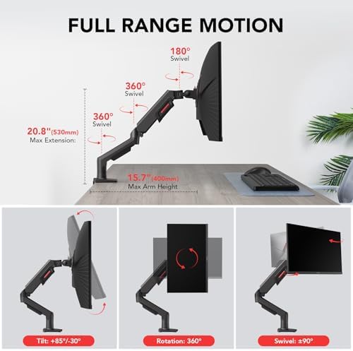 KOORUI Single Monitor Mount, Adjustable Gas Spring, Vertical Swivel Arm Fits 17-32 Inch, up to 19.8lbs, Stand With Clamp/Grommet Mounting Base, KR20Y