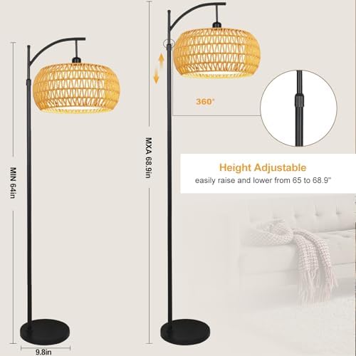 Arc Floor Lamps for Living Room Rattan Boho Floor Lamp with Remote Control,Dimmable LED Floor Lamp Wicker Lamp Shades Black Standing Lamp with 3 Color Temperature Tall Floor Lamps For Bedroom Corner