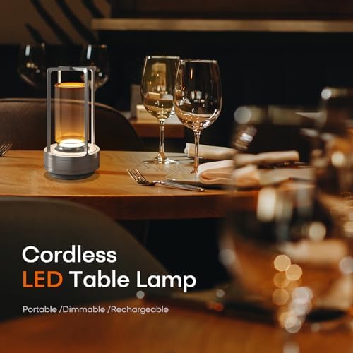 Rechargeable Cordless Small Metal Table Lamp, Stepless Dimming, 3-Color