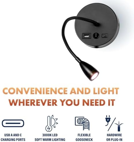 Newhouse Lighting 4.5 in. W x 15 in. H Cole Gooseneck Reading Light in Matte Black with USB-A and USB-C Charging Ports NHRL-CO-BLK, Bedside Lamp for Nightstands, Space-Saving Office Desk Accessory