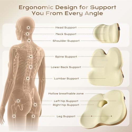 Coverado Truck Seat Cushion and Lumbar Support Headrest Pillow Memory Foam Ergonomic Car Cushion Back Neck Support Pillow Sciatica & Back & Tailbone Pain Relief Car Cushions for Driving Coffee&Beige