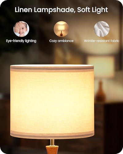 Small Table Lamp, Wood Bedside Lamp with White Linen Lampshade & Dark Wood Base, Mid Century Modern Nightstand Lamp for Bedroom, Living Room, Kid's Room, Dorm Room, E26 Socket, LW09TL05