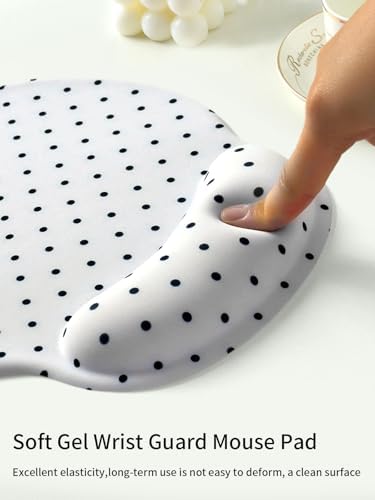 Seorsok Cute Black Polka Dot Mouse Pad with Gel Wrist Support Mouse Pad,Ergonomic Aesthetic,Comfortable Mousepad for Office Game Work Computer,Pain Relief Mousepad with Non-Slip Silicone Base,White