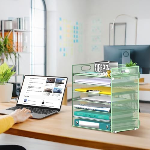 7 Tier Paper Organizer for Desk with Letter Trays & Handle Mint Green