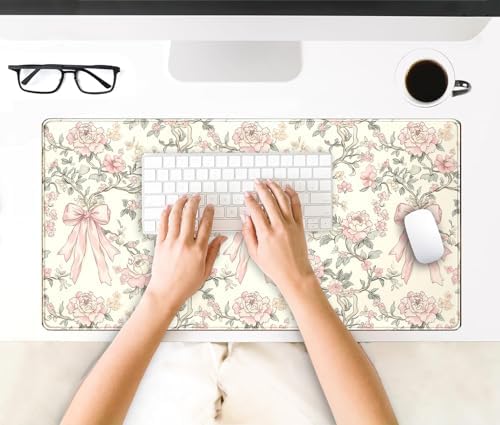 Floral Desk Mat Vintage Chinoiserie Large Mouse Pad Coquette Aesthetic Office Decor Flower Pink Bow Gaming Pad Cottagecore Desk Decor
