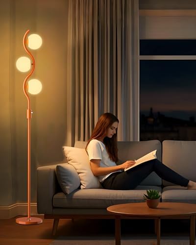 60IN Dimmable Orange Globe Floor Lamp, Mid Century Modern Floor Lamps with 3 Soft Warm White 3000K Bulbs, Standing Lamps with 5Lbs Heavy Base for Living Room Bedroom Home Decor