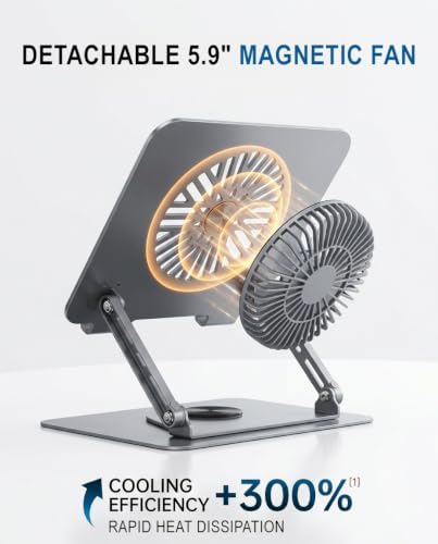 Laptop Stand with Cooling Fan, 360° Rotating Base, Adjustable Height & Angle, Ergonomic Computer Riser with Non-Slip Silicone Pads