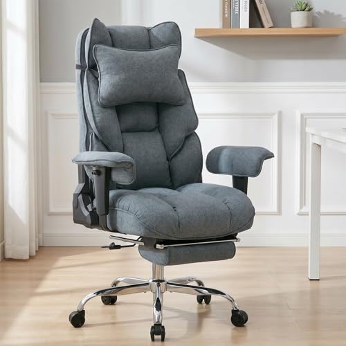 mokodo Big and Tall Office Chair 400lbs, Breathable Fabric Executive Desk Chair with Pocket Spring Cushion, 155° Reclining Computer Chair with Integrated Headrest & Lumbar Pillow (Dark Blue)