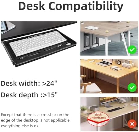 TOOCUST Under Desk Keyboard Tray, 20" Wx11"D Sturdy Key Board Tray Under Desk Slide with Pen Tray, Desk Extender with Pen Holder,Black