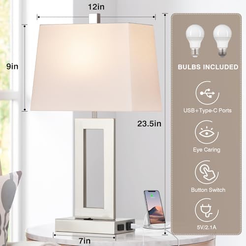 Cinkeda Silver Bedside Table Lamp Set of 2,Nightstand Lamps with USB Ports