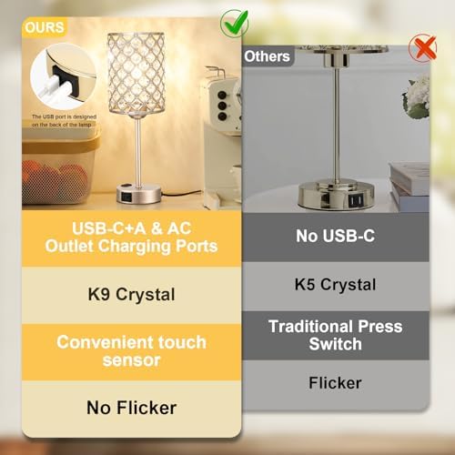 Champagne Gold Lamps for Night Stands, Crystal Table Lamp (Bulb Included)