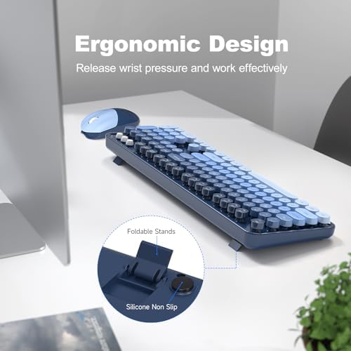 MOFII Wireless Keyboard and Mouse Combo, Full Size 2.4G Plug and Play Typewriter Retro Round Computer Keyboard and Mouse Set for Windows, Computer, Desktop, PC, Notebook - (Sea Blue Gradient)