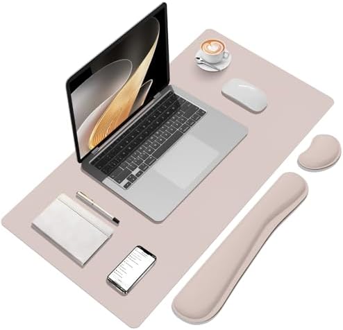 Mouse Pad and Keyboard Wrist Rest, Large Keyboard and Mouse Pad Set, Ergonomic Mousepad with Wrist Rest, Non-Slip Desk Mat Protector for Office, Home (31.5×15.7 Inches, Cream Pink)