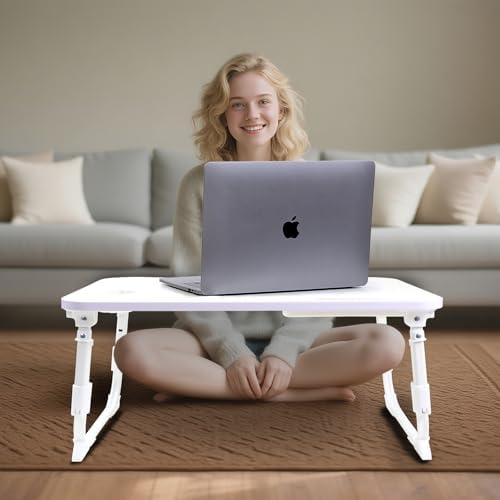 Laptop Desk for Bed, Height Adjustable Laptop Bed Table, Foldable Portable Lap Desk Stand with USB/Storage Drawer/Cup Holder/Slot, Breakfast Tray for Working Reading Writing Eating, White
