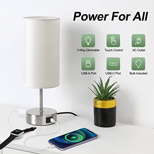 Yarra-Decor Bedside Lamp with USB A+C Charging Ports & AC Outlet Touch Control Table Lamp for Bedroom 3 Way Dimmable Nightstand Lamp with Round Shade for Home Office, Dorm(Bulb Included)