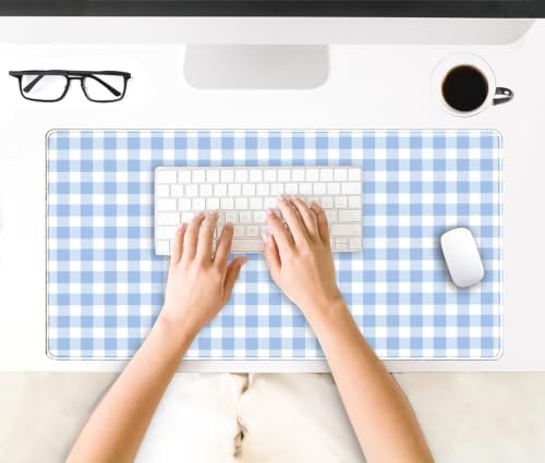 Blue Checkered Gingham Desk Mat Pad XXL Large Mouse Pad Anti-Slip Big Mousepad with Stitched Edges Computer Mouse Pads for Desktop Decor Cute Office Desk Accessories