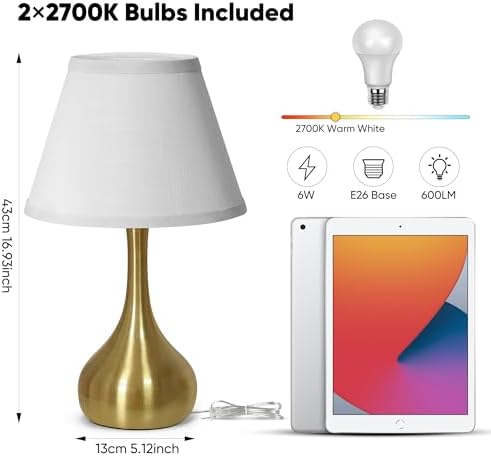 Touch Table Lamp for Bedroom Set of 2, 3-Way Dimmable Bedside Lamp for Nightstand, 17” Modern Metal Desk Lamp with Linen Shade for Living Room, Kids Reading, Dorm, Home Office Decor, Bulb Included