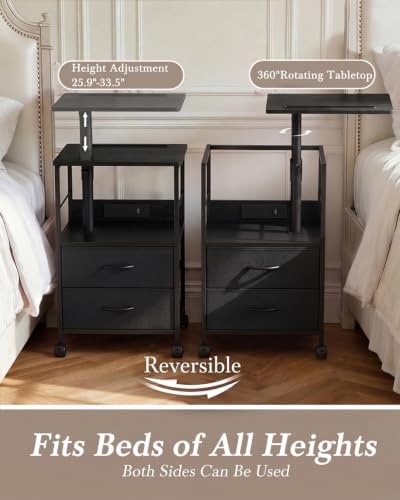 Faesun Night Stand with Charging Station & Swivel Top, Black