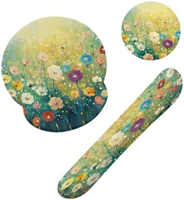 Flower Daisy Poppy Floral Keyboard Wrist Rest Pad Mouse Pad Set,Ergonomic Mousepad Wrist Support Memory Foam Desk Pad for Gaming Office,Non-Slip Rubber Base Easy Typing for Home Office Computers