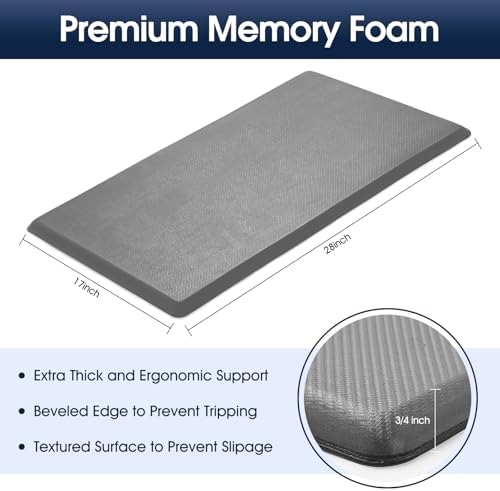 Kitchen Mat Cushioned Anti Fatigue, 0.75" Waterproof,Non Slip Kitchen Rugs, Memory Foam Comfort Mat for Standing at Home,Office,Sink,Laundry(17"x31" Grey)