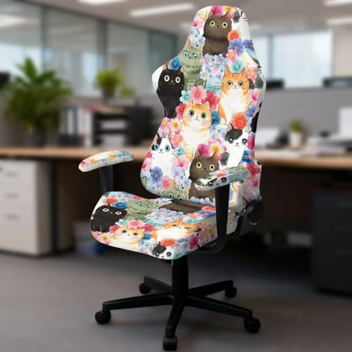 Cats Floral Print Gaming Chair Cover Stretchable 4 Piece Furniture Protector Non Slip Breathable Gaming Chair Slipcover with Armrest Covers