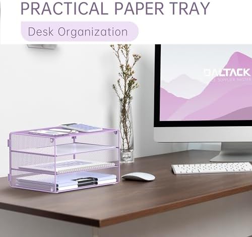 DALTACK 3 Tier Letter Tray Paper Organizer with Sliding Mesh Trays Purple