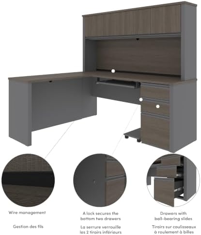 Bestar L-Shaped Desk with Hutch, Bark Grey, Prestige +, 72W