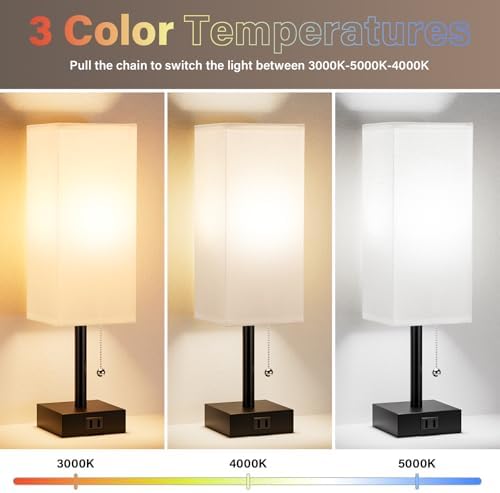 White Bedside Lamps for Bedroom Set of 2 - Small Rectangular Nightstand Lamp with AC Outlet Charging Port, 3 Color Temperatures Desk Light with Bulb, Tabletop Reading Lamp for Living Room/Dorm/Office