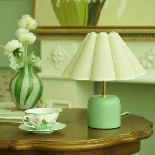 Green Bedside Table Lamp, Bud Cotton Linen Shade Solid Wood Base Bedroom Decor Light(Without Buld)