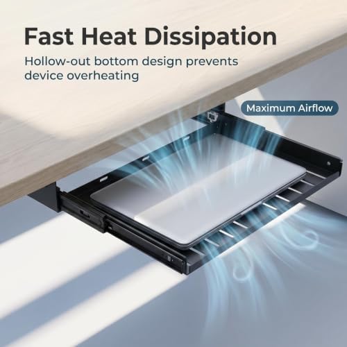 Under Desk Laptop Mount, Sliding Out Metal Laptop Tray with Ventilated Heat Dissipation, Heavy-Duty Steel Under Desk Storage Shelf for Home Office Desktop Hidden Device Organization