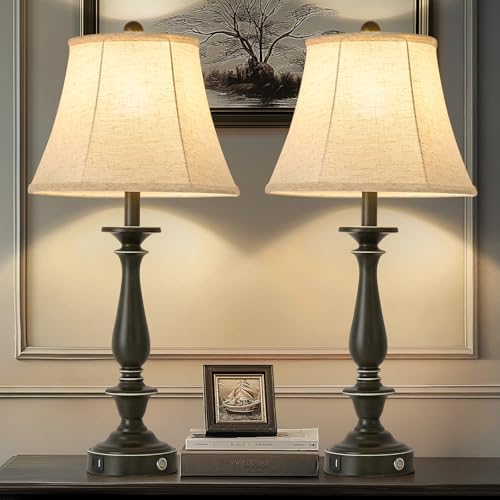 AIDENOEY 28.5" Traditional Table Lamp Set of 2, Rustic Farmhouse Table Lamps for Living Room Bedroom, Bedside Desk Lamps Vintage Nightstand Lamps with Silk Fabric Shades, Taupe with Rubbed Edge