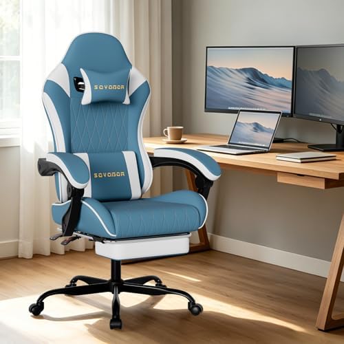 Breathable Fabric Gaming Chair with Footrest, Ergonomic High Back Computer Chair with Gold Diamond Stitching, Height Adjustable Swivel Office Chair with Lumbar Support for Adults,Bluewhite