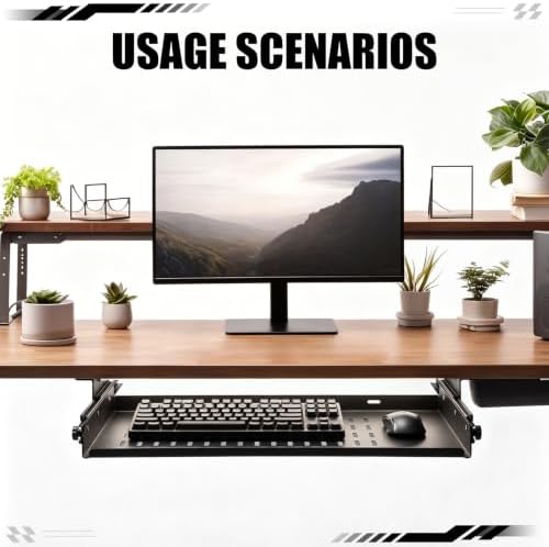 Sliding Under Desk Laptop Mount Shelf with Air Vents 21'' W x 12'' D Metal Under Desk Slide Out Tray Laptop Storage Tray for Home Office Standing Desks Workstations Cabinet Gaming