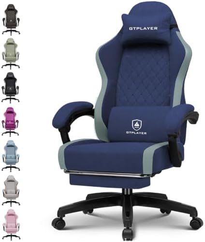GTPLAYER Gaming Chair Fabric with Pocket Spring Cushion, Big and Tall Gamings Chairs 350LBS High Back Computer Chair with Footrest for Adults Lumbar Support Swivel Game Chair for Office Dark Blue