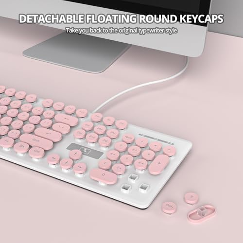 surmen Cute Quiet Keyboard Pink Wired Typewriter Keyboard, Light Up Backlit PC Keyboards with Retro Round Keys Full Size 104 Keys for Office Computer (Pink)