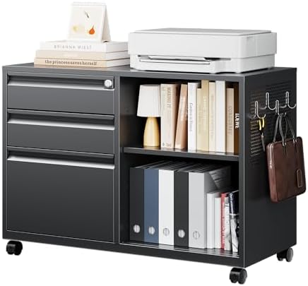 Letaya Mobile 3 Drawer File Cabinet with Lock-Metal Lateral Rolling Printer Stand Filing Cabinets for Home Office-Storage A4/F4/Letter (Black)