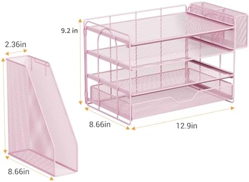 4-Tier Desk File Organizer with Drawer & Pen Holder (Pink)