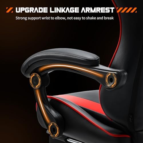NEWBULIG Computer Gaming Desk Chair - High Back Ergonomic Lumbar Support with Footrest and Headrest, Comfy PU Leather Recliner with Linkage Armrest, Height Adjustable and 360° Swivel, Red