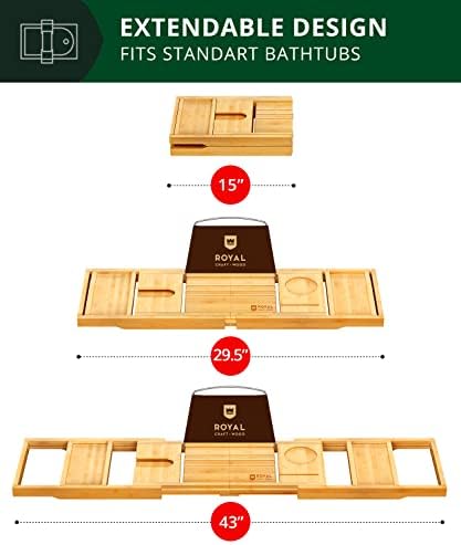 ROYAL CRAFT WOOD Premium Foldable Bathtub Tray Caddy - Wood Bath Tray for Tub, Bamboo Shelf, Expandable Bath Table Trays, Bathtub & Bathroom Accessories for New Home & Mothers, Birthday Gifts for Mom