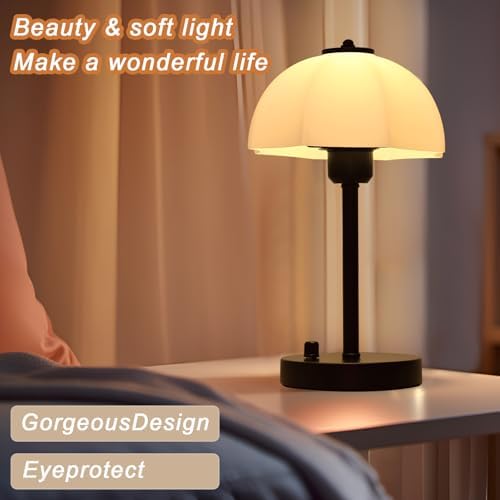 Glass Shade Table Lamp for Bedroom, Stepless Dimmable Bedside Lamps, Small Table with Premium Frosted Glass Shade, Desk Lamp Nightstand Lamp for Living Room, Bedroom, Office, Reading LED Bulb Included