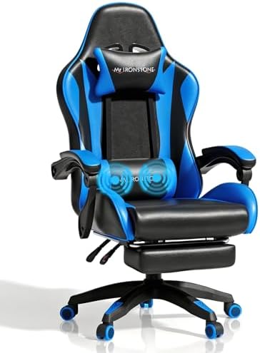 Mr IRONSTONE Gaming Chair with Footrest, Ergonomic Reclining Gamer Chair with Lumbar Support & Massage, High Back Racing Style Video Game Chair, Adjustable Headrest, Swivel Desk Chair, Blue