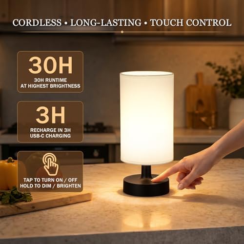 Kakanuo Cordless Table Lamp Rechargeable Small - 2 Pack White Black, 4000mAh Battery Operated Lamp with Touch Control Stepless Dimming, Wireless Lamp for Bedside, Nightstand, Bedroom, Living Room