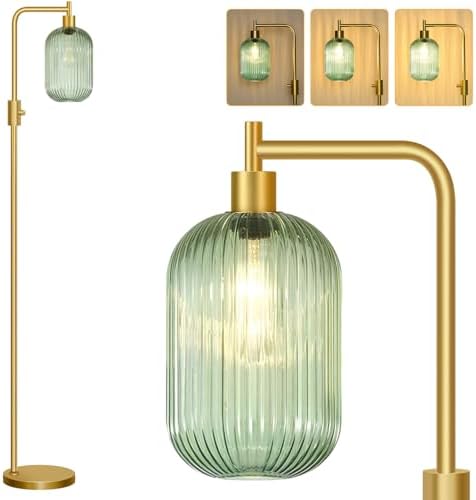 【Upgraded】 Dimmable Floor Lamp for Living Room with Green Ribbed Glass Lampshade, Gold Modern Floor Lamp with 900LM LED Bulb Included, Arc Standing Tall Lamp for Bedroom, Office, Reading Room, Corner